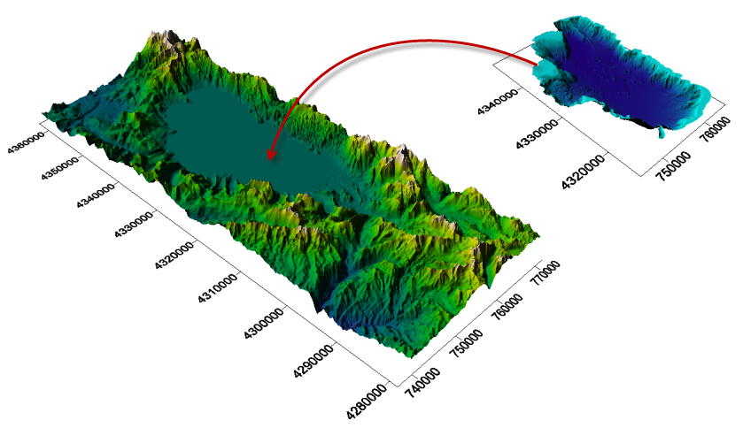 Surfer's 3D Surface maps showing the need to combine the terrian and bathymetry of Lake Tahoe.