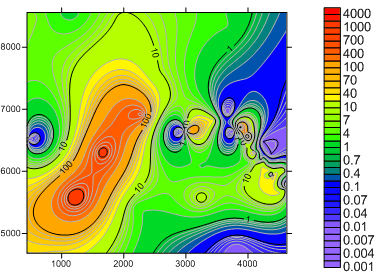 Surfer contour map with a logarithmic contour level method applied