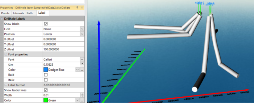 Drillhole layer label properties in the 3D view