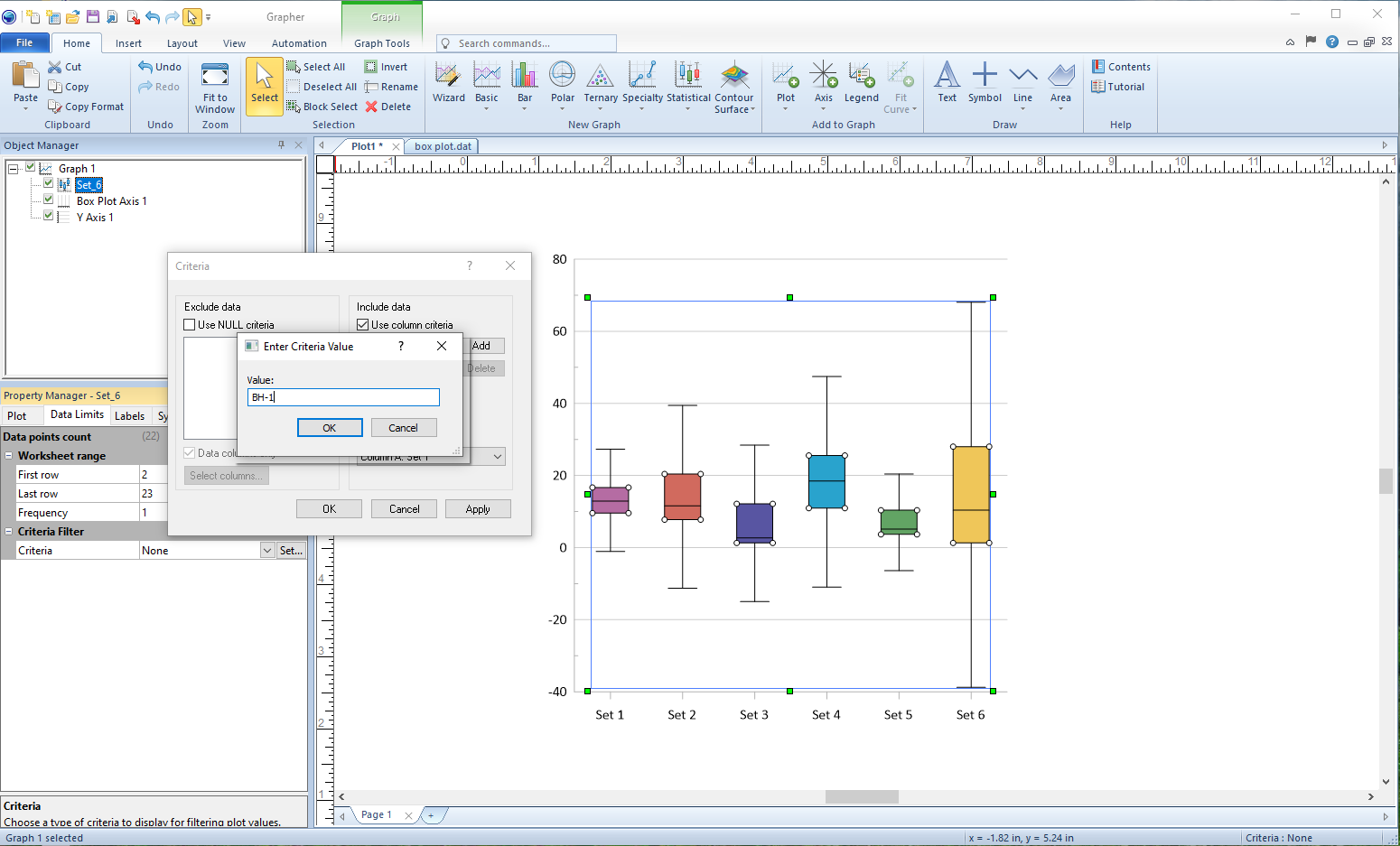 Grapher box plot with data filter applied