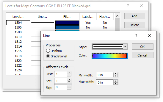 Using gradient to color contour lines in the Levels for Map dialog.png