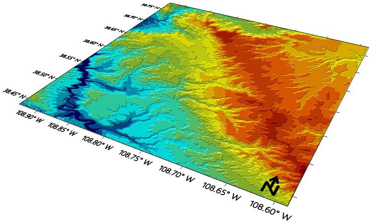 Surfer color relief map with north arrow.