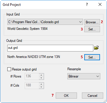 The Grid Project feature in Surfer can be used to change the coordinate system of a grid file.