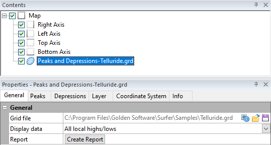 View of the General Properties for a Peaks and Depressions layer in Surfer.