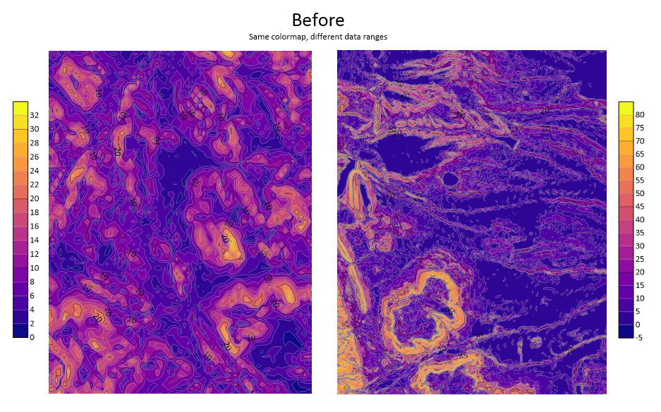 Before image: Surfer contour maps of terrain slope using the same colormap with different data ranges