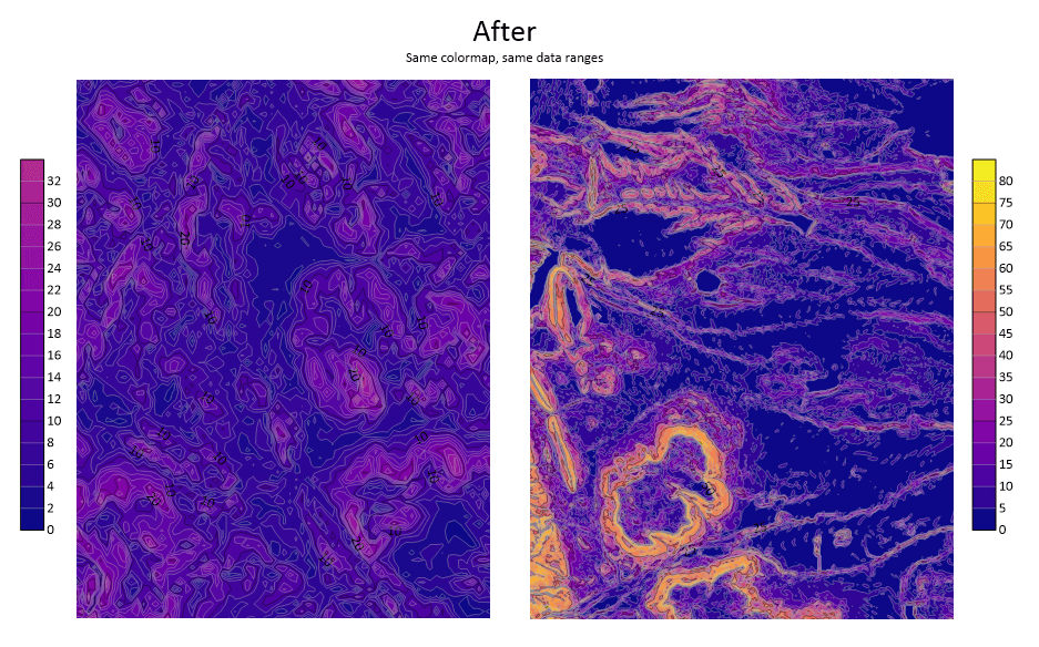 After image: Surfer contour maps of terrain slope using the same colormap with the same data ranges