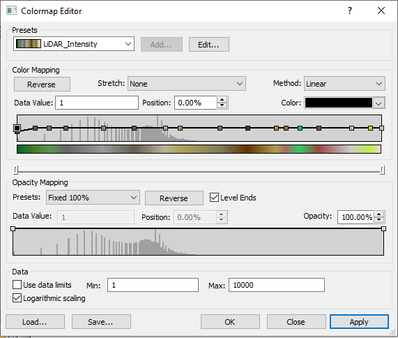 Colormap editor displaying realistic LiDAR color scheme