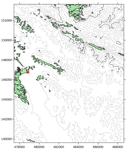 A viewshed layer over a contour map of the Diablo.grd sample file in Surfer