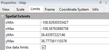 Setting limits manually for a map in Surfer using the Limits Properties.