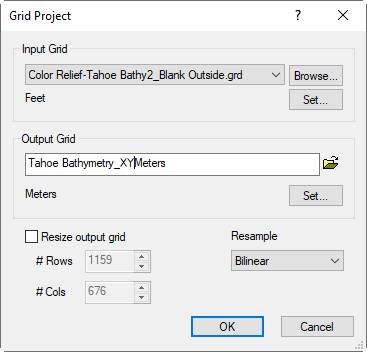 Use Grid Project in Surfer to convert the XY coordinates of a raster from one linear unit to another